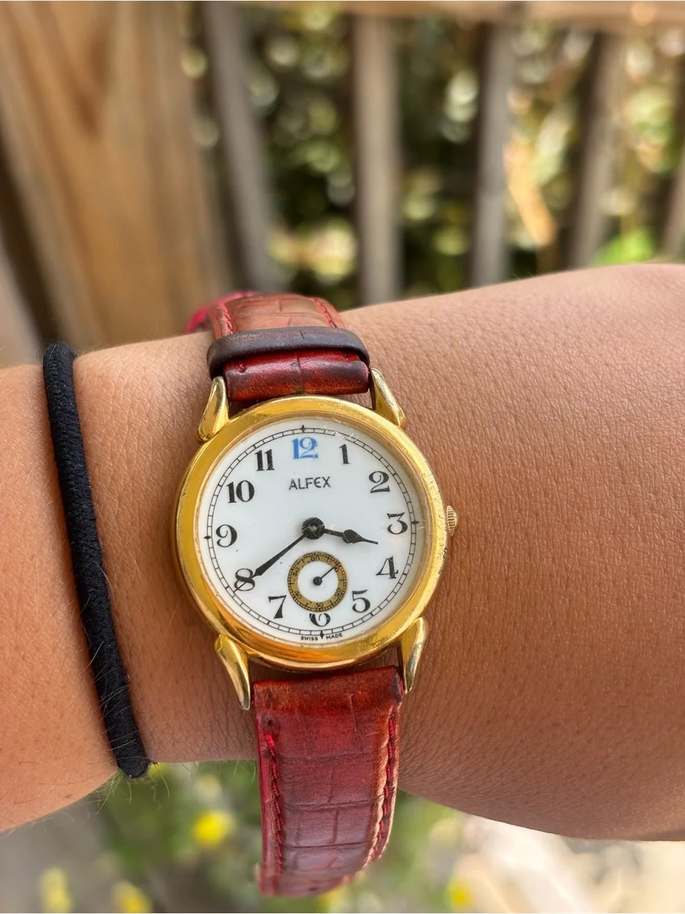 Alfex Swiss made vintage Gold tone Watch with Red Leather Strap